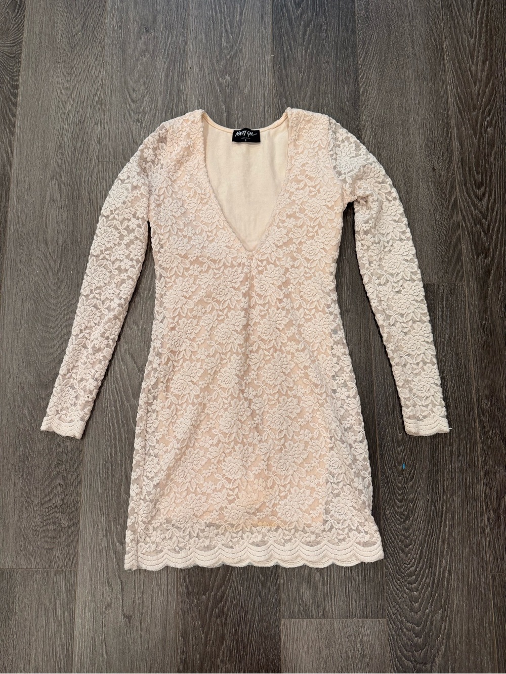 Nasty Gal Blush Lace Long Sleeve V-Neck Mini Dress